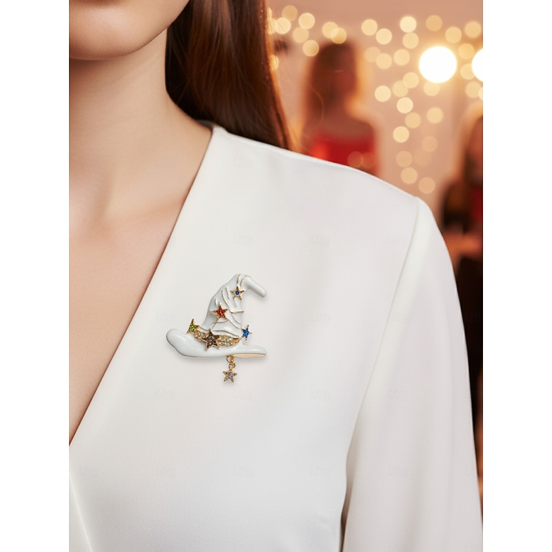 Women's Halloween Witch Hat Brooch Set - 2pcs Black and White Enamel Pin Badges with Star Charms for Costume Party Accessories2