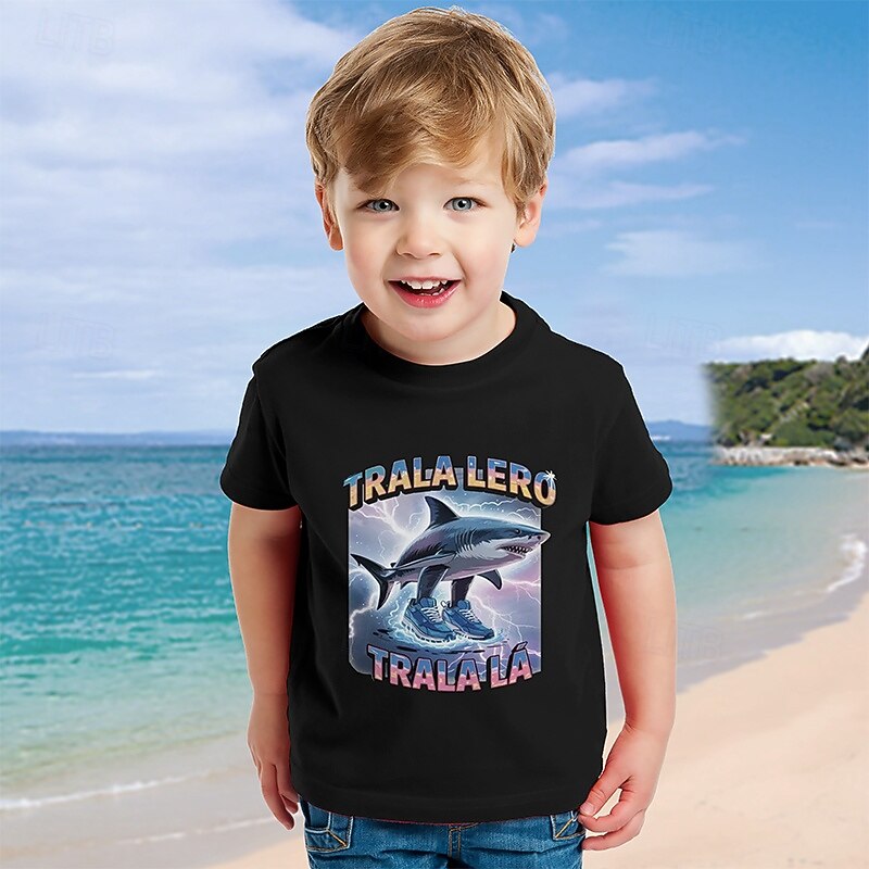 5pcs Boys' Summer Short Sleeve T-Shirts  Casual Round Neck Tops in Assorted Colors Playful Graphic Tee Design Comfortable Fit Shirt - Crocodile Cappuccino Tral Shark Dong Dong Coconut Elephant2