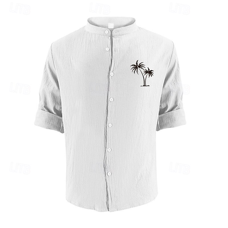 Men's Shirt Linen Shirt Casual Shirt Button Up Shirt Cotton Shirt Palm Tree Vacation Hawaiian Black White Khaki Gray Long Sleeve Band Collar Spring Fall Clothing Apparel Print4