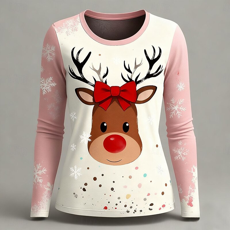 Christmas Women's T Shirt Graphic Santa Claus Reindeer Fashion Casual Long Sleeve Crew Neck Regular Tops Daily Weekend Print White Pink Red Summer Spring Fall3