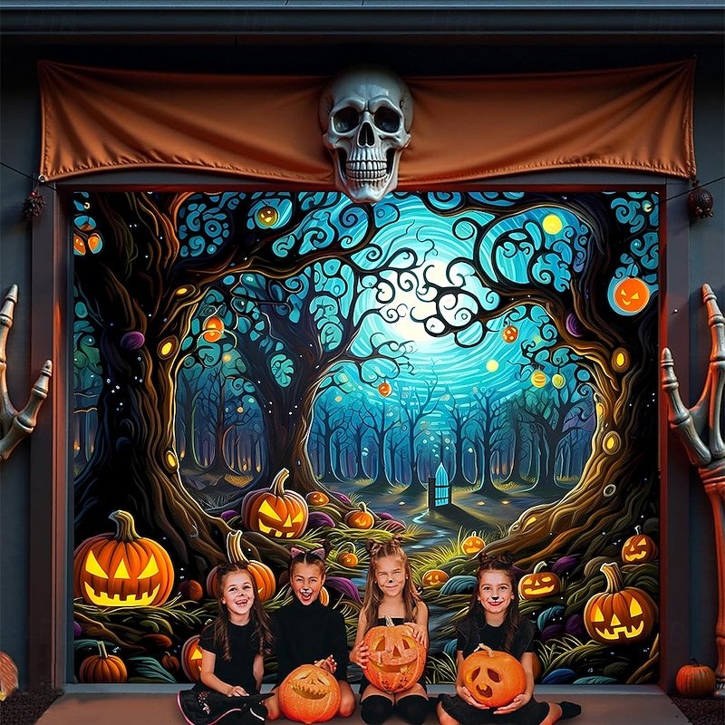 Halloween Tapestry Garage Door Cover Large Hanging Backdrop Pumpkin Cemetery Tree Dark Punk Gothic Style Party Outdoor Shooting Backgrounds Yard Haunted House Home Decor