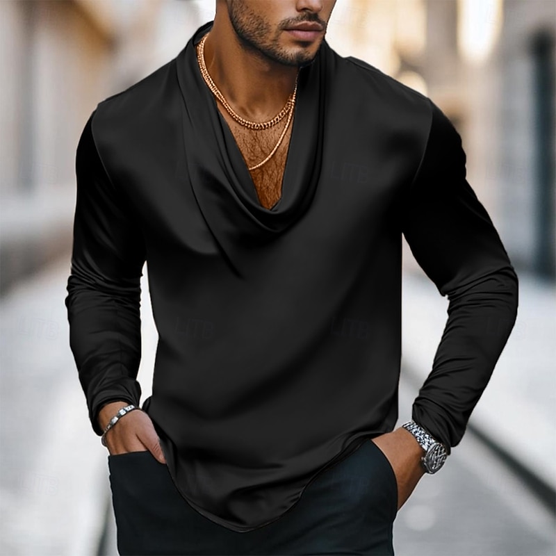 Men's Shirt Silk Like Satin Shirt Casual Shirt Plain Formal Wedding Black White Blue Purple Long Sleeve Cowl Neck Spring &  Fall All Seasons Clothing Apparel Ruched3
