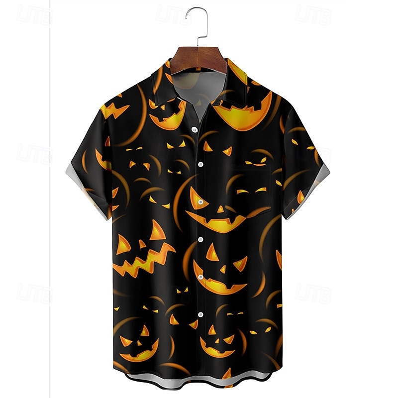 Halloween Men's Grimace Lantern Face Shirt Summer Shirt Casual Shirt Short Sleeves Horror Vacation Daily Wear Theme Party Spring & Summer Lapel Print Black 4 Black 1 Black 3 Navy Blue Black 24