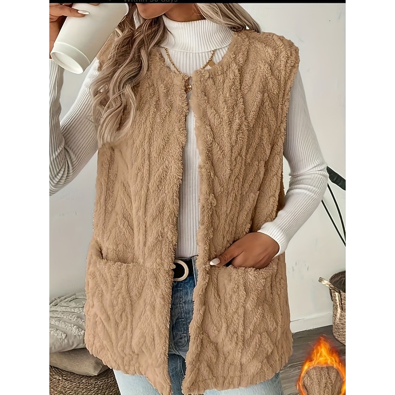 Women's Fleece Vest Comfortable Breathable Pocket Open Front Casual Plain Vacation Street Casual Daily Wear Open Front Long Crewneck Regular Fit Sleeveless Outerwear Black Brown Apricot Spring Fall3