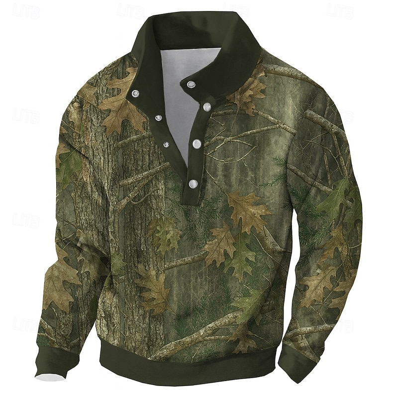 Men's Camo Camouflage Sweatshirt Tactical Hunting High Neck Outdoor Sports Outdoor Blue Army Green Buttons Fall Winter Designer - Main Image