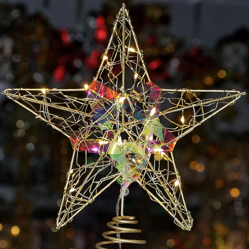 Christmas Tree Topper Star Led Light Xmas, Colorful Iron Five-Pointed Star Hanging Ornament, Festive Holiday Tree Decoration, Xmas Home Tabletop Decor Gift2