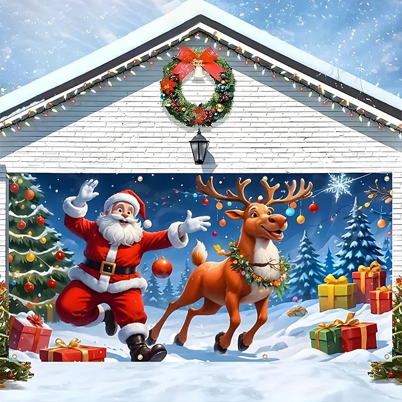 Christmas Tapestry Garage Door Cover Large Hanging Backdrop Gift Santa Claus Cute 3D Party Outdoor Holiday Shooting Backgrounds Yard Home Decor4