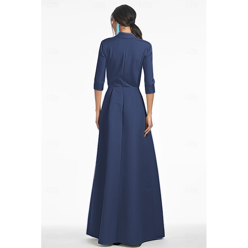 A-Line Mother of the Bride Evening Gown Elegant Dress Formal Wedding Floor Length Long Sleeve Shirt Collar Pocket Satin with Floral Print2