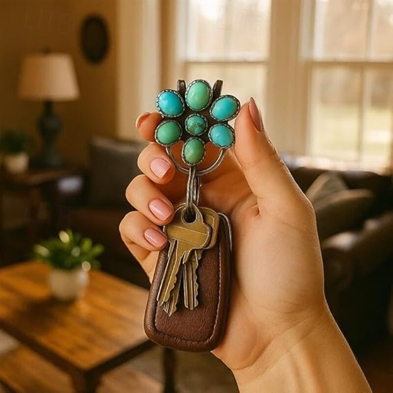 Turquoise Bloom Bag Clip Key Holder Bohemian Keychain With Hook Women Bag Accessory For School Desk Travel Daily Offices Car3