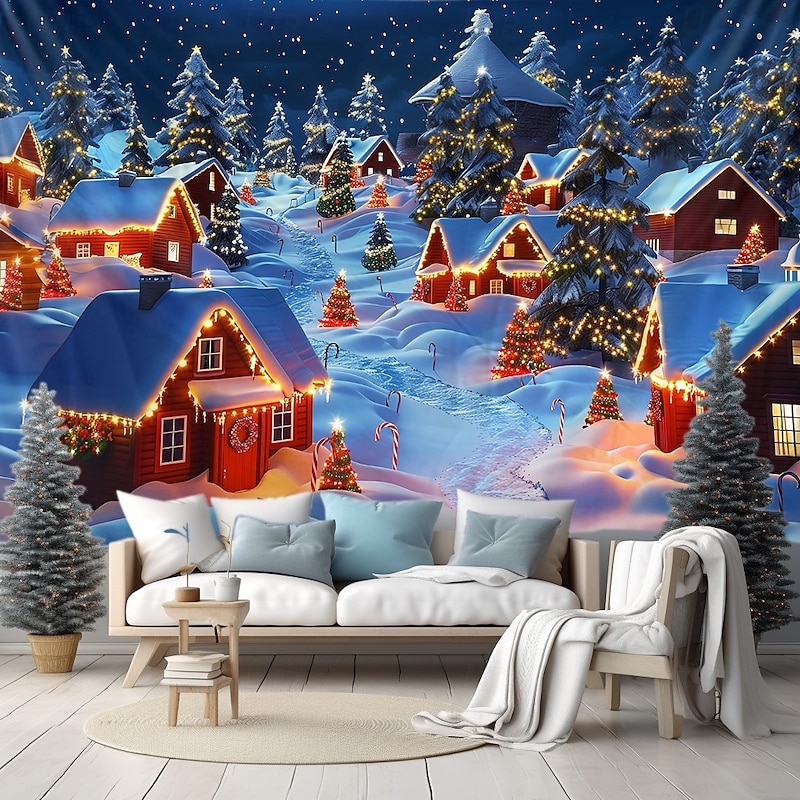Chrismas Hanging Tapestry Snow Village Snow Castle Large Wall Art Mural Decor Blanket Curtain Holiday Home Bedroom Living Room Festive Party Decoration Christmas Seasonal Backdrop