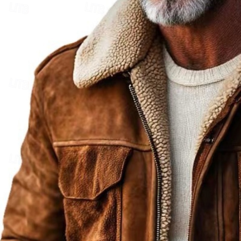 Men Faux Suede Jacket Fleece Jacket Business Casual Windbreaker Fleece Fall Winter Color Block Casual WorkWear Regular Brown Coffee Jacket4