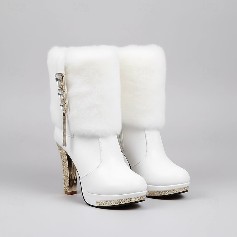 Women's White Faux Fur Ankle Boots with Rhinestone Heels - Elegant Winter High Heels for Parties and Special Occasions3