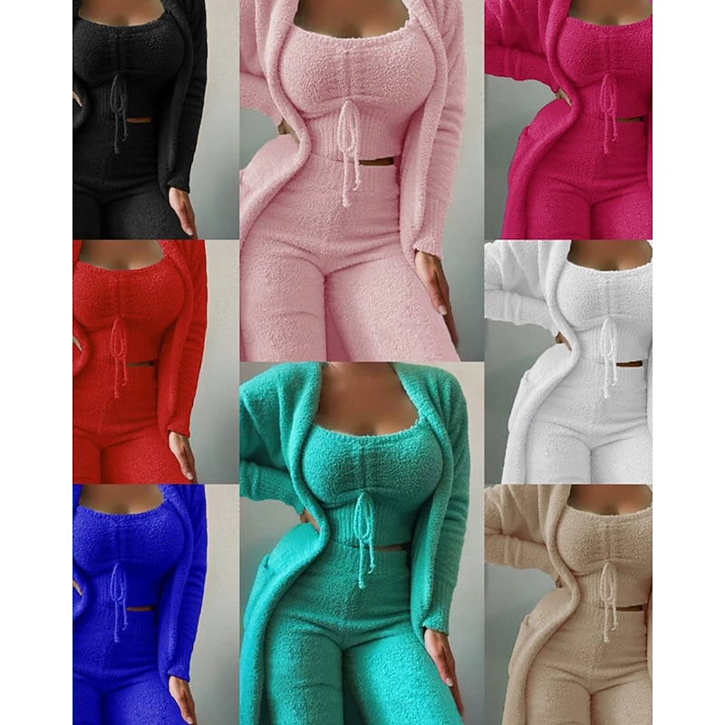 Women's Loungewear Pajama Set Casual Comfort Pure Color Elastic Waist Pullover Pant Vacation Home Daily Long Sleeve Crew Neck Light Pink Black White Pink Royal Blue Summer Spring Winter Slim Fit2