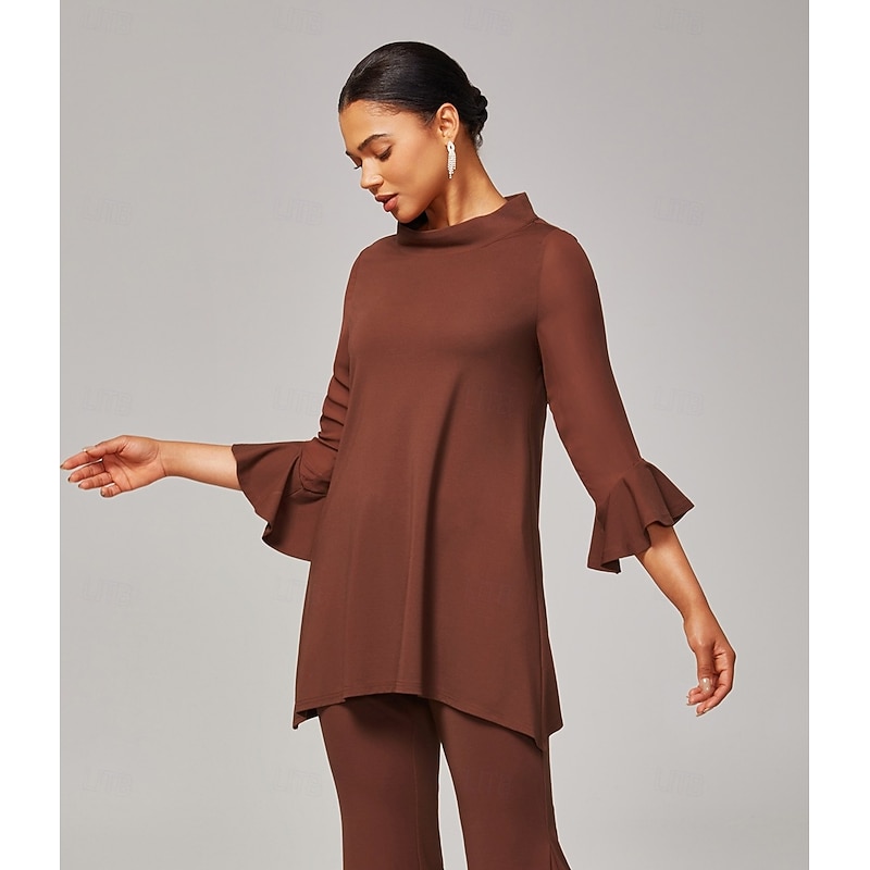 Women's Coffee Brown Chiffon-Modal Slim-Fit Blouse with Sheer Sleeves Elegant Lightweight Breathable Office Dinner Date3