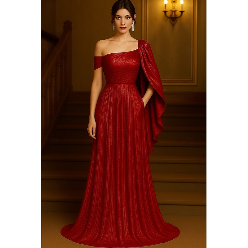 A-Line Evening Gown Elegant Formal Dress Formal Wedding Floor Length Short Sleeve One Shoulder Capes Lurex Fabric with Glitter Ruffles 20253