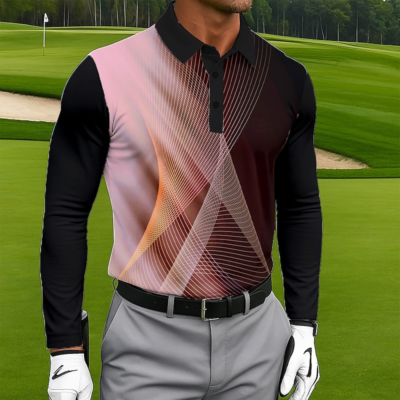 Men's Geometric Golf Polo Long Sleeve Polo Shirts Lapel Casual Outdoor Athleisure Daily Wear 3D Print Buttons Spring Fall Winter Blue Purple Orange2
