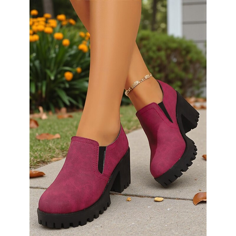 Women's Burgundy Chunky Heel Platform Shoes – Faux Leather Slip-On Shoes Toe Loafers for Casual Streetwear and Autumn Outfits3