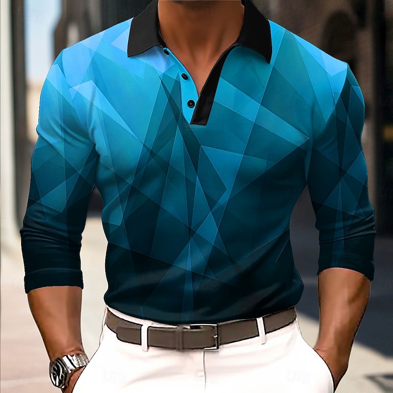 Men's Geometic Polo Long Sleeve Polo Shirts Collared Shirts Business Casual Business Athleisure Daily Wear 3D Print Buttons Spring Fall Winter Blue Purple Orange