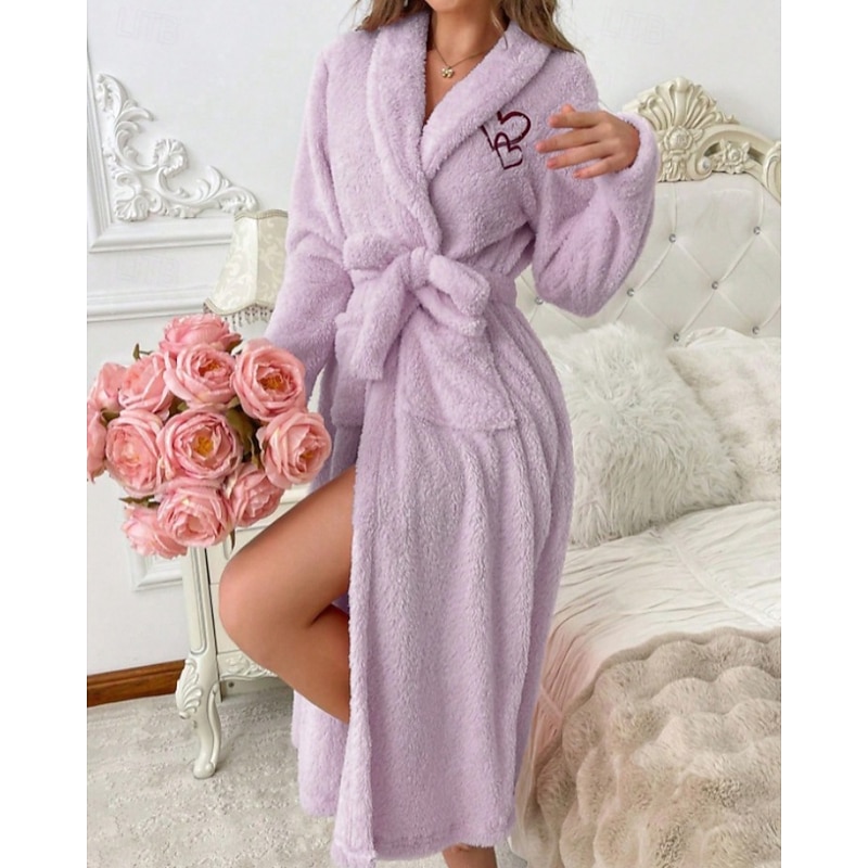 Women's Pajamas Robe Fashion Pure Color Pocket Vacation Home Bed Long Sleeve Lapel Pink Purple Fall Winter Tailored Fit