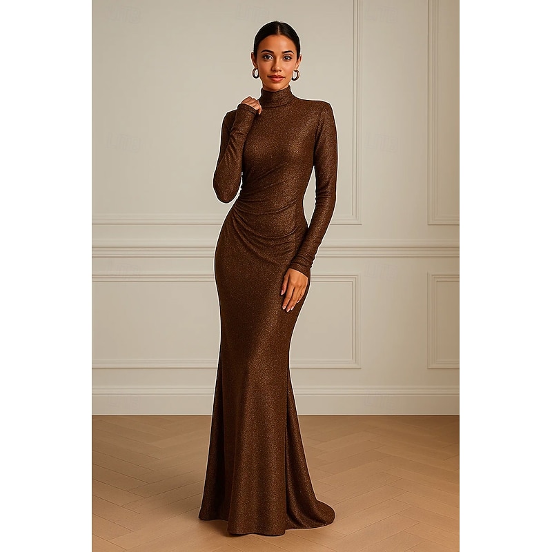 Mermaid / Trumpet Metallic Lurex Fabric Evening Gown Elegant Formal Dress Formal Wedding Sweep / Brush Train Long Sleeve High Neck Jersey with Glitter Ruched 2025
