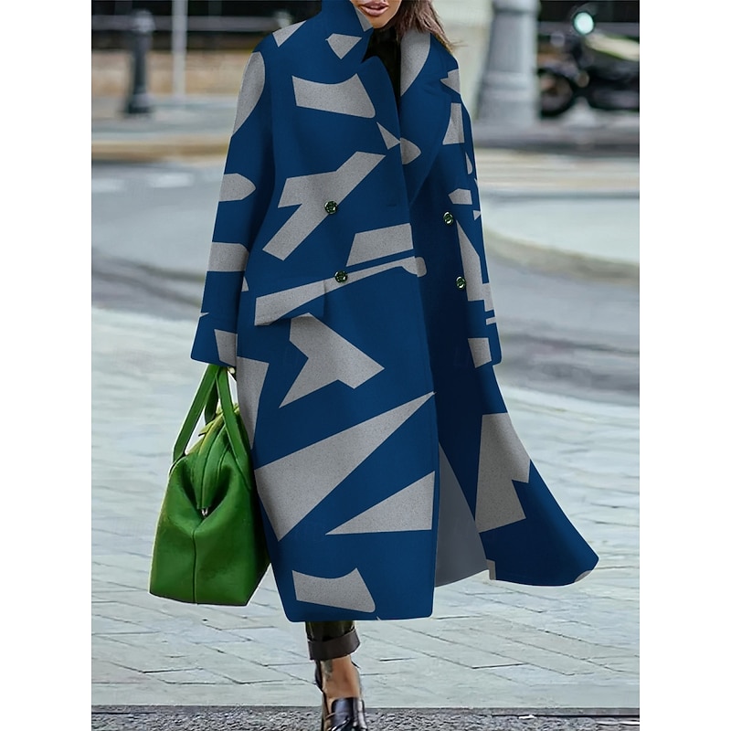 Women's Winter Coat Coat Comfortable Breathable Pocket Buttons Print Casual Color Block Vacation Street Casual Daily Wear Single Breasted Long Turndown Regular Fit Long Sleeve Outerwear Red Royal