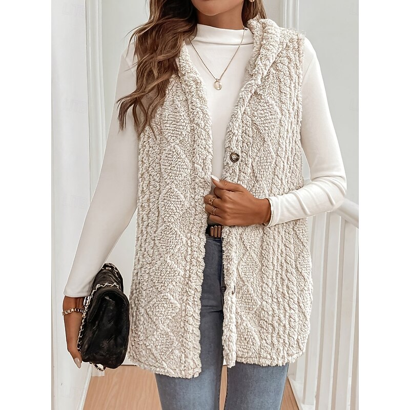 Women's Fleece Vest Comfortable Breathable Buttons Casual Plain Vacation Street Casual Daily Wear Single Breasted Long Hooded Regular Fit Sleeveless Outerwear Black Apricot Spring Fall