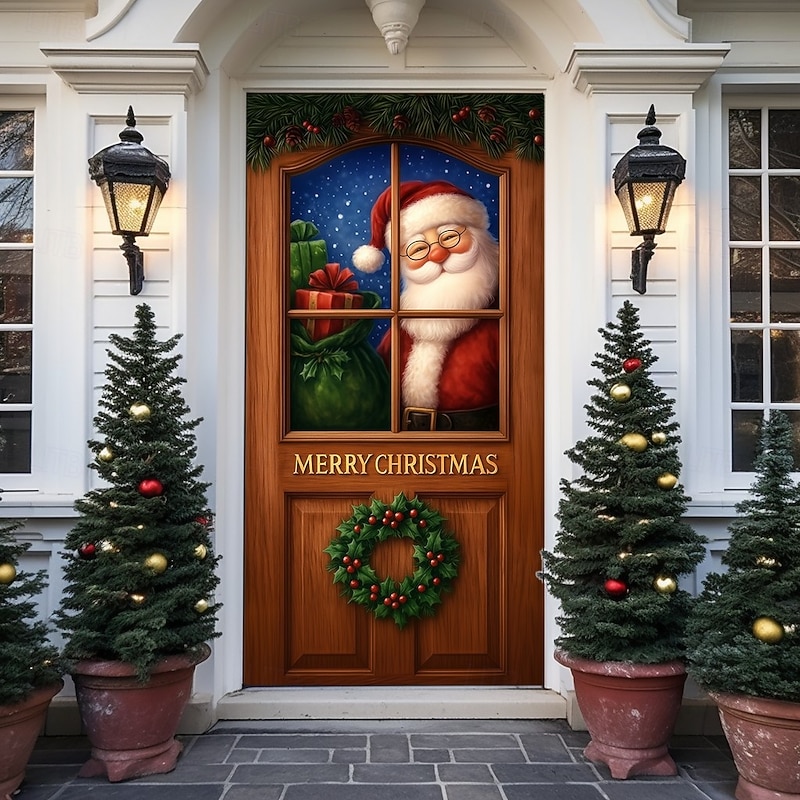 Christmas Door Cover, Santa Claus Holding Gift Sack Holiday Door Curtain, 2025 Xmas Festive Door Hanging for Porch Entryway Party Home Decoration3