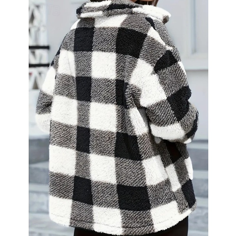 Women's Fleece Jacket Comfortable Breathable Pocket Buttons Print Fashion Casual Plaid Vacation Street Casual Daily Wear Single Breasted Regular Turndown Regular Fit Long Sleeve Outerwear Black Red2