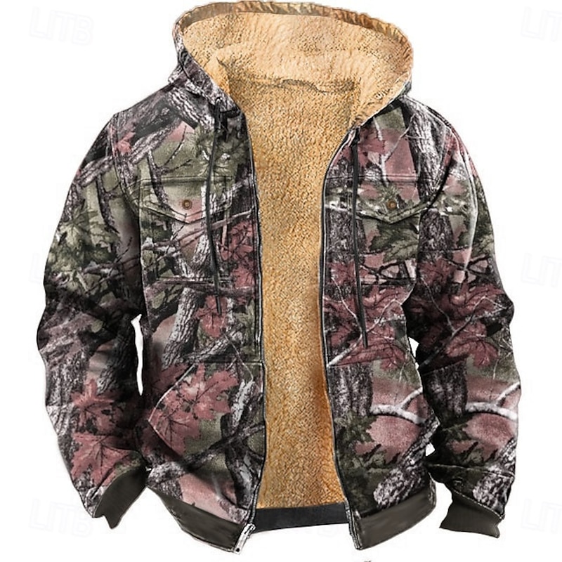 Men's Camo Camouflage Fleece Hoodie Jacket Fashion Cool Hooded Hunting Blue Purple Zipper Pocket Fall Winter Designer4