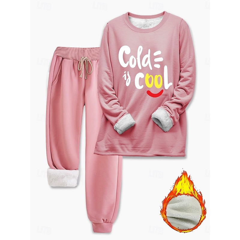 Women's Elegant Warm Fashion Two Piece Sets Tracksuit Pants Sets Long Sleeve Bishop Sleeve Crew Neck Graphic Letter Print Outdoor Vacation Casual Black Pink Dark Pink Fall Regular Fit3