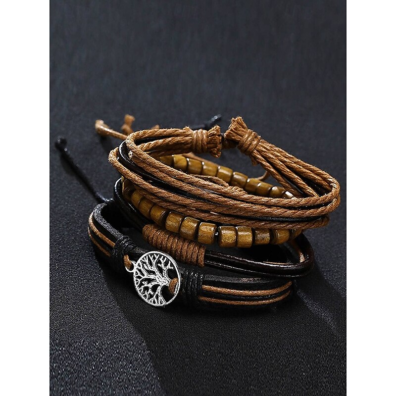 Men's Genuine Leather Multi-Layer Bracelet Set – Boho Beaded Tree of Life Cuff Wristband for Casual, Party and Travel4