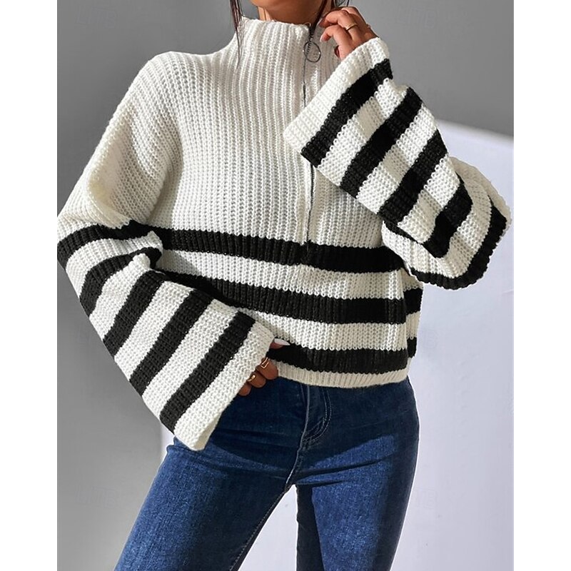Women's Sweater Pullover Fashion Casual Striped Ribbed Half Zip Zipper Knitted Long Sleeve Regular Tops Knit Outdoor Daily Weekend Black White Fall Winter4