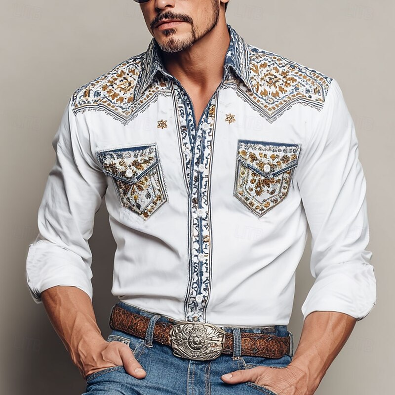 Men's Floral Print Ethnic Flowers Shirt Western Shirt Cowboy Shirt Long Sleeve Vintage Retro Outdoor Casual WorkWear Spring Fall Turndown Front Two Pockets Linen Like Shirt Button Up Shirts Blue