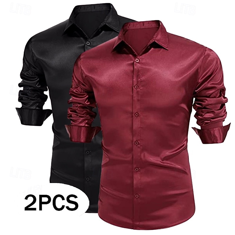 Men's Shirt Silk Like Satin Shirt Dress Shirt Casual Shirt Button Up Shirt Plain Formal Wedding White+Green Green+red White+Black White+Blue Long Sleeve Lapel Spring &  Fall All Seasons Clothing