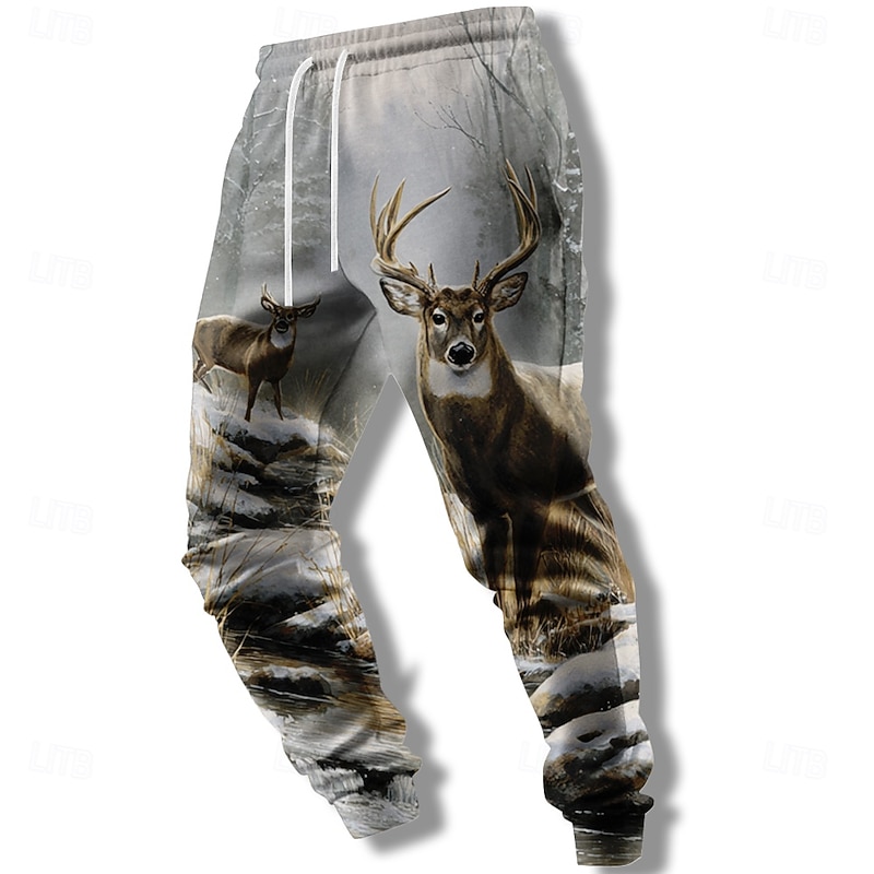 Men's Reindeer Hunting Sweatpants Joggers Trousers Mid Waist Drawstring Elastic Waist Casual Vintage Retro Outdoor Camping & Hiking Hunting Drawstring Athletic Sweatpants with Pockets Spring Fall 3D