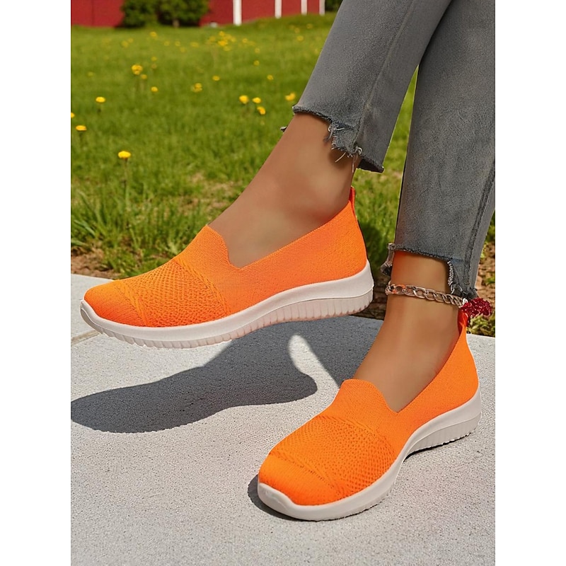Women's Bright Orange Flyknit Slip-On Sneakers – Lightweight Breathable Walking Shoes for Daily Casual and Travel2
