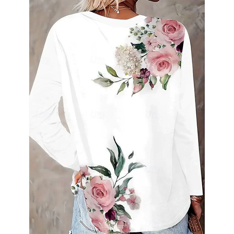 Women's T Shirt Floral Graphic Plants Vintage Stylish Classic Long Sleeve Crew Neck Round Neck Regular Tops Daily Print White Spring Fall Winter2