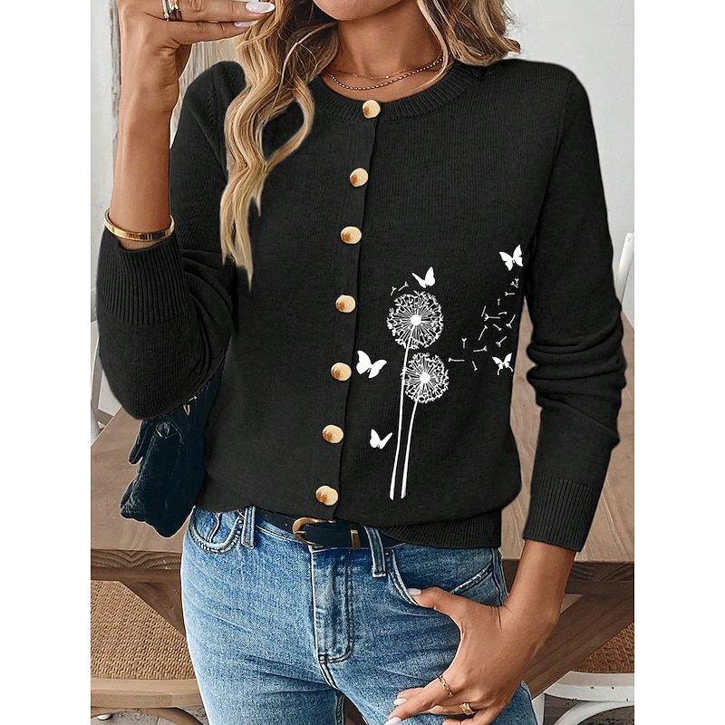 Women's Cardigan Elegant Vintage Daily Floral Graphic Ribbed Crew Neck Buttons Knitted Long Sleeve Regular Tops Knit Outdoor Home Work Black Red Fall Winter4