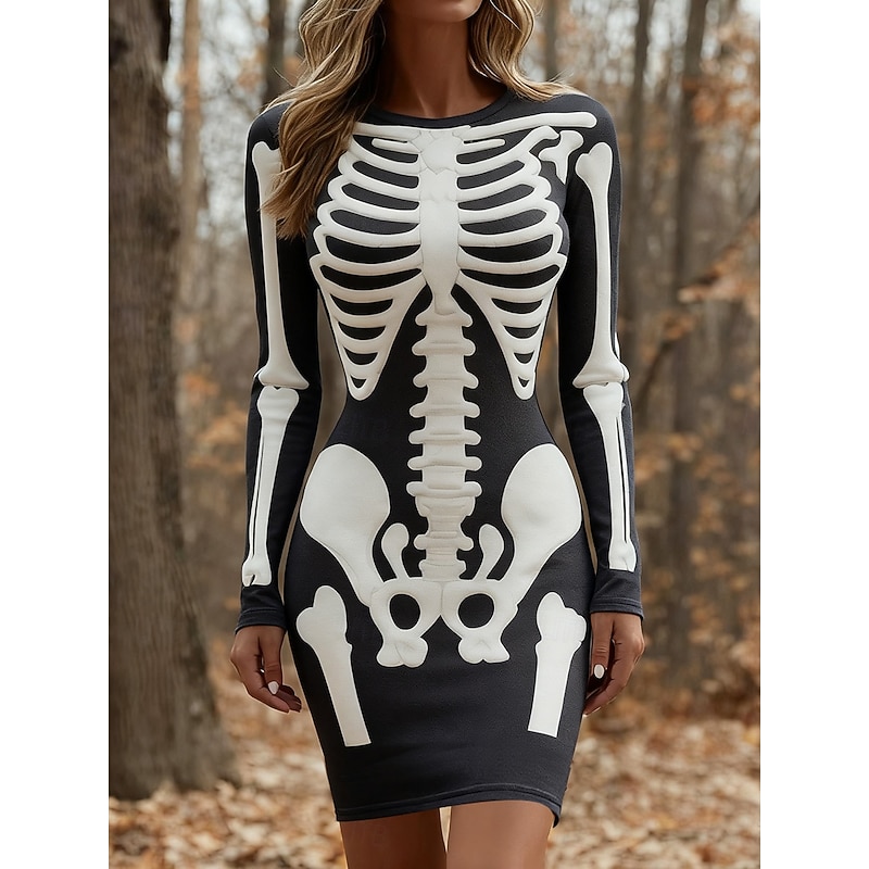 Halloween Women's Mini Dress T Shirt Dress Tee Dress Bodycon Dress Vacation Casual Party Daily Slim Graphic Skull Long Sleeve Crew Neck White Red Purple Green Spring Fall Winter