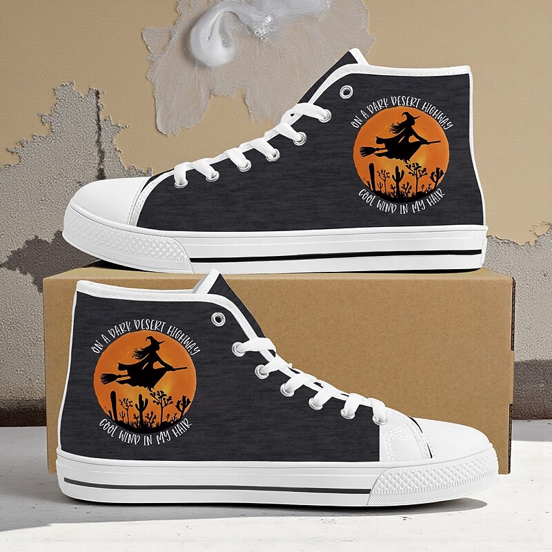 Women's Blue High Top Canvas Sneakers with Witch Print – Casual Halloween Party Shoes for Daily Wear3