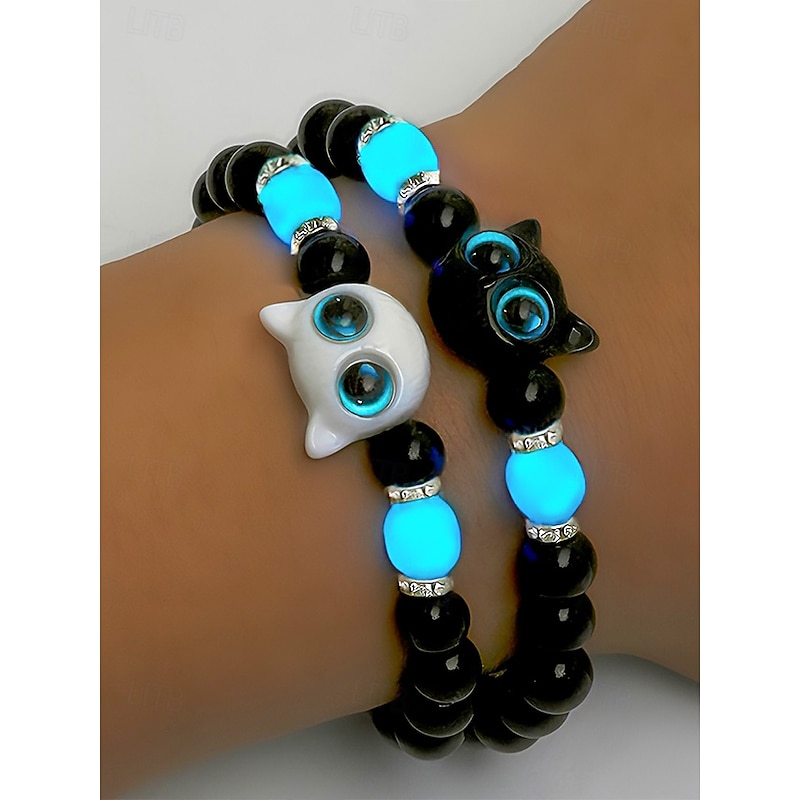 Women's Halloween Glow in the Dark Cat Beaded Bracelet – Cute Black and White Kitty Charm Stretch Wristband Jewelry for Party, Cosplay and Gifts