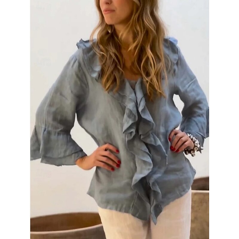 Women's Shirt Solid Color Stylish Casual Long Sleeve V Neck Regular Tops Daily Ruffle White Yellow Red Brown Green Summer Spring Fall