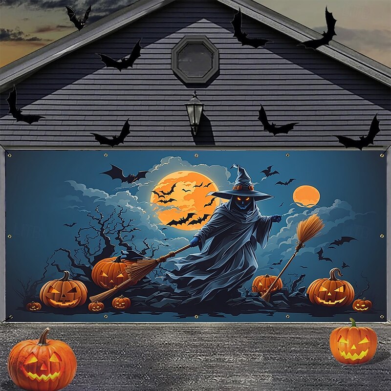 Halloween Garage Door Cover Large Hanging Backdrop Pumpkin Witch Dark Punk Gothic Style Party Outdoor Shooting Backgrounds Yard Haunted House Home Decor3