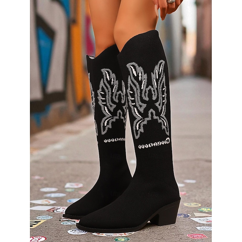 Women's Black Knit Knee High Boots with Embroidered Western Design – Comfortable Block Heel Cowboy Style Boots for Casual Streetwear and Festivals2