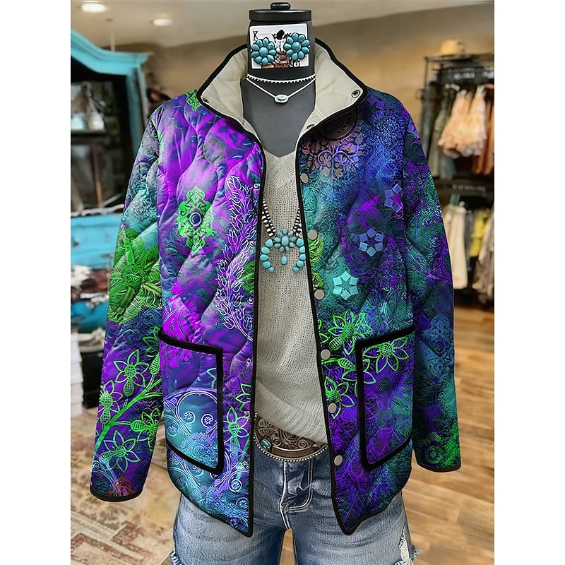 Women's Winter Jacket Quilted Jacket Warm Lightweight Patchwork Print Active Vintage Cute Artistic Floral Casual Regular Stand Collar Regular Fit Long Sleeve Outerwear Blue Purple Green Fall Winter2