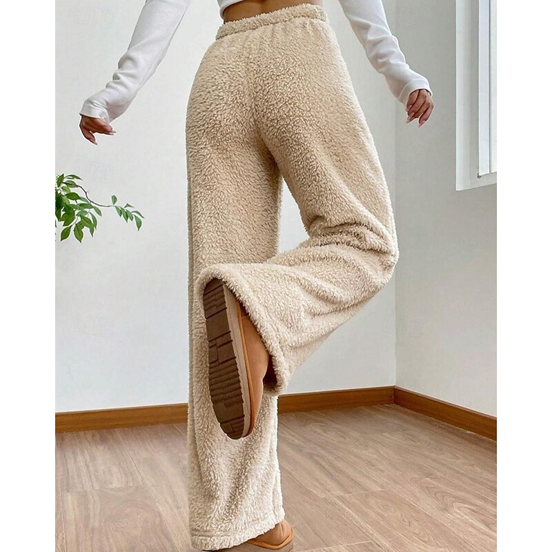 Women's Fleece Pants Wide Leg Pants Trousers Basic Casual Full Length Mid Waist Plain Elastic Waist Thermal Warm Micro-elastic Outdoor Street Camel Black Khaki Fall Winter Regular Fit2