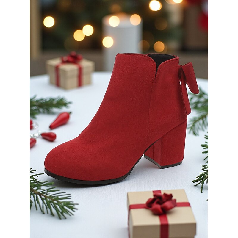 Women's Red Faux Suede Ankle Boots with Side Zipper and Bow Detail – Chic Block Heel Booties for Christmas Parties, Date Nights and Daily Wear3