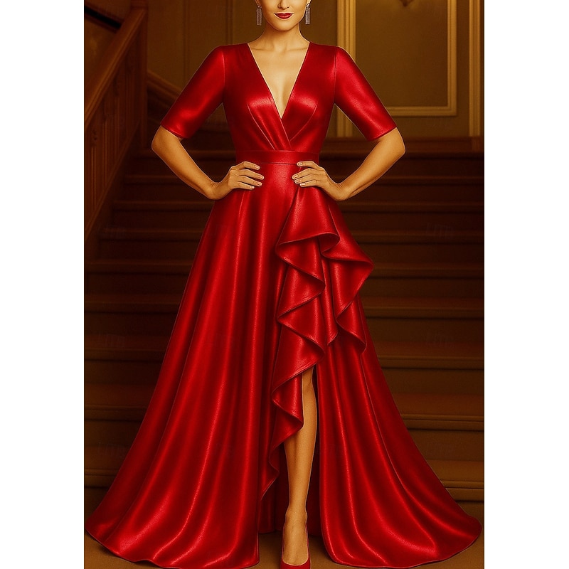 Red Black A-Line Evening Gown Elegant Formal Dress Formal Wedding Floor Length Half Sleeve V Neck Satin with Pleats Ruffles 2025