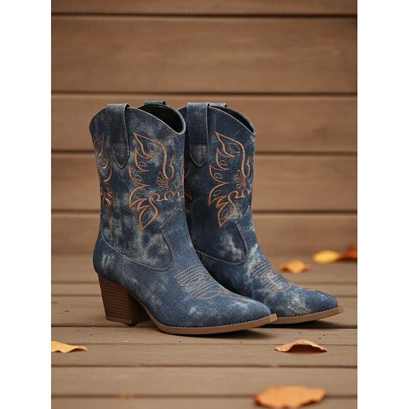 Women's Denim Embroidered Western Cowboy Boots - Vintage Blue Jean Fabric Mid-Calf Boots with Chunky Heel for Urban Fashion and Casual Streetwear Outfits