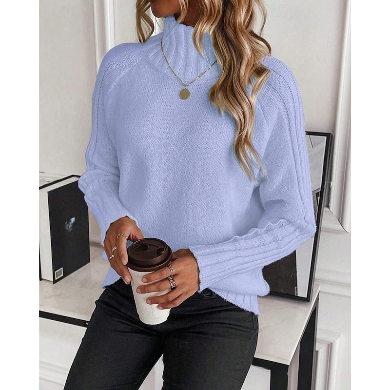 Women's Sweater Pullover Elegant Fashion Casual Solid Color Ribbed Turtleneck Knitted Long Sleeve Regular Tops Knit Outdoor Daily Weekend Blue Fall Winter3